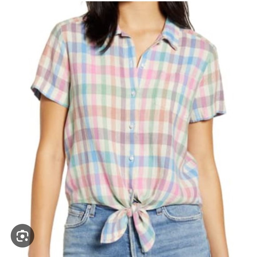 Lucky Brand Pastel Plaid Button Down Short-Sleeve Shirt